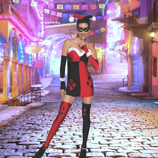 Womens Harley Quinn Costume with Dress Mask and Thigh High Stockings, Size: 8-10 | Michaels Womens Harley Quinn Costume with Dress Mask and Thigh High Stockings, Size: 8-10 | Michaels